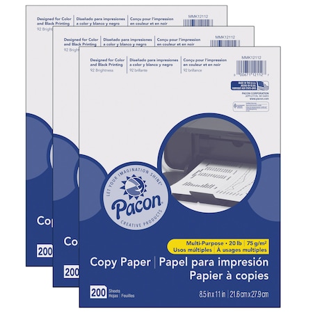 Pacon Multi-Purpose Paper, White, Letter, 200 Sheets, PK3 PMMK12112